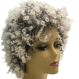 Spiral Curls Afro Wig Human Hair Blend Black Silver White AVG Size NWT